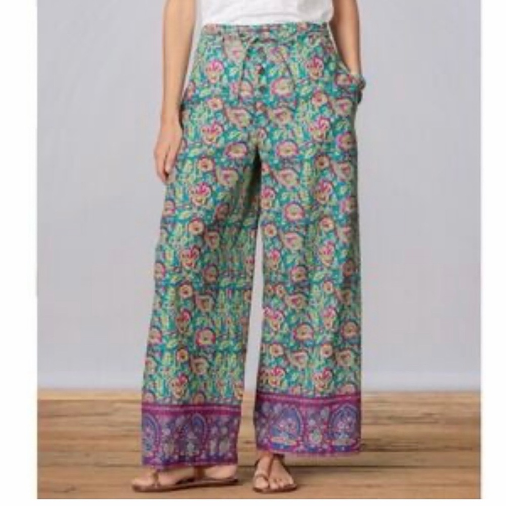 Sundance Teal Floral Wide-Leg Pants with Purple Border